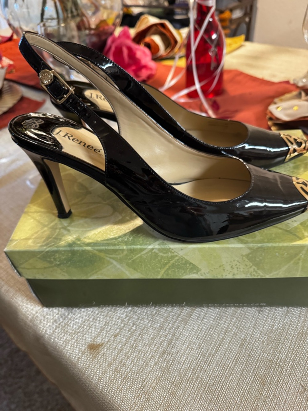 J.Renee Black Patent Pointed-Toe Slingback Heels with Gold Accent
